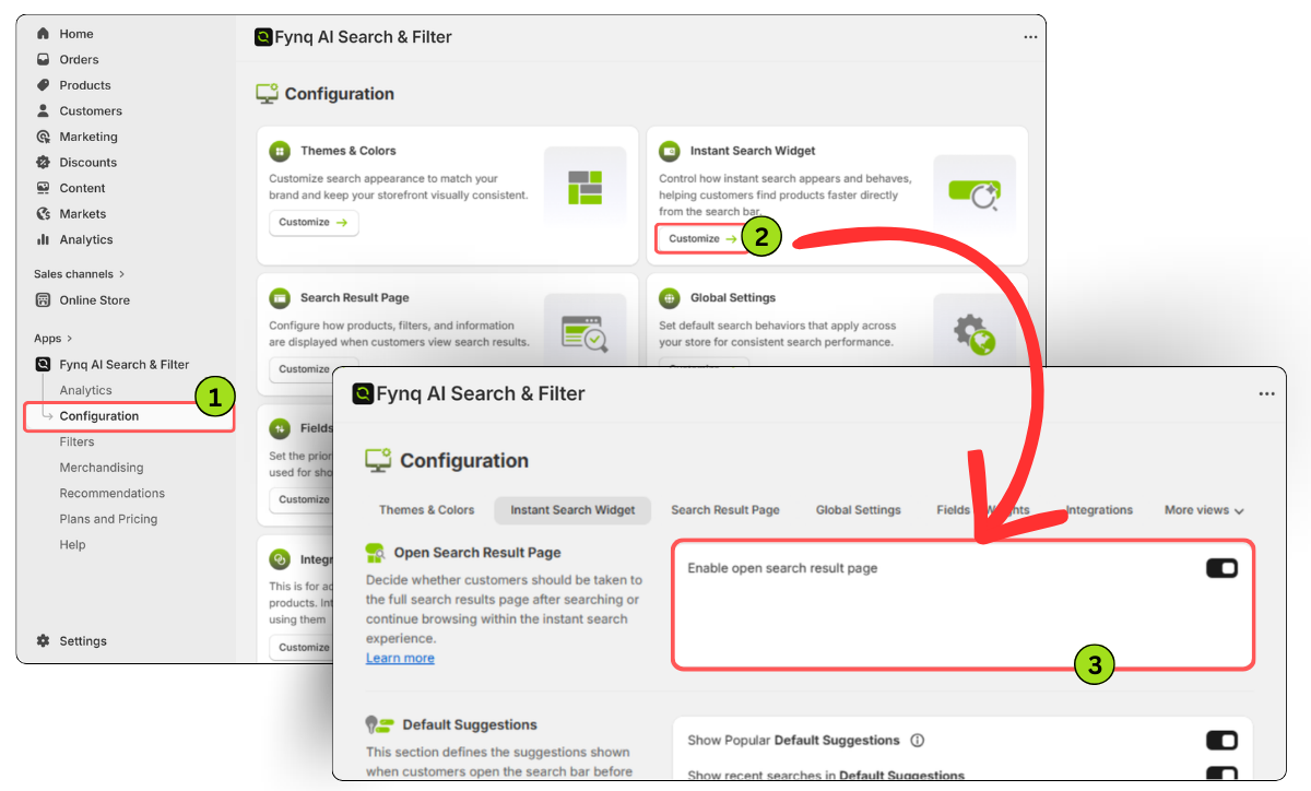 How to enable open search results in fynq