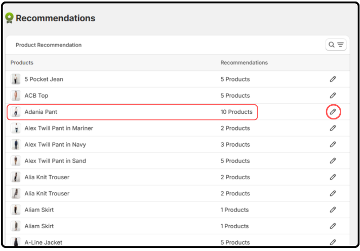 Choose a product and click on the pen button (located on the right side) to assign recommendations to. 