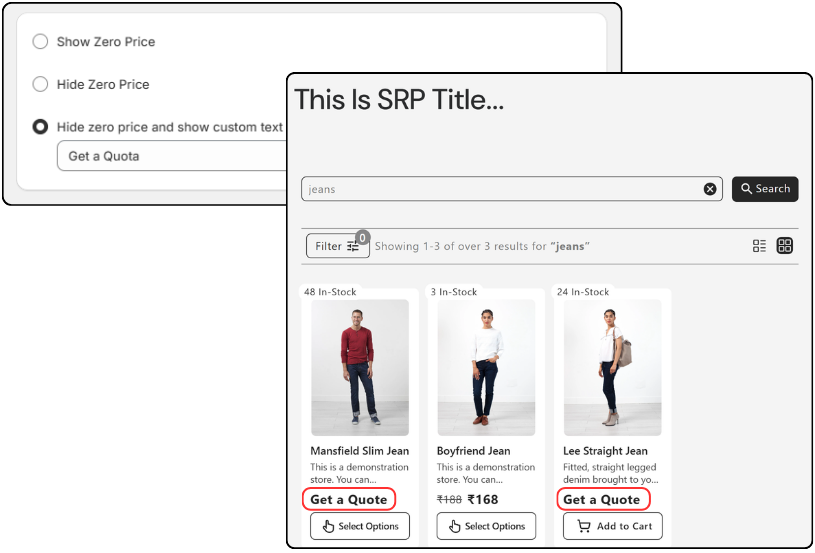 Hide Zero Price in search results page and Show Custom Text Instead