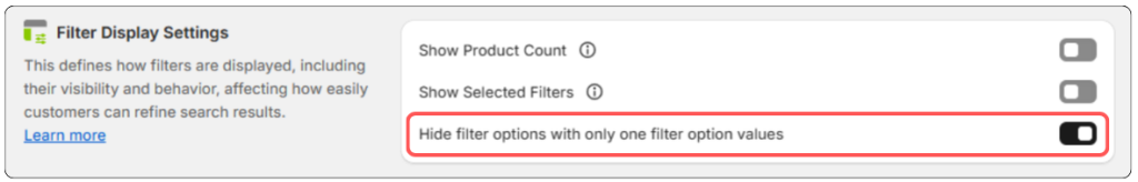 Toggle on Hide filter options with only one filter option values 