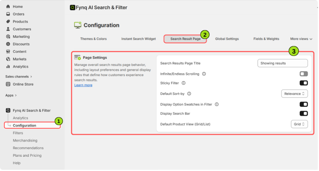Where To Find Search Results Page Settings in Fynq