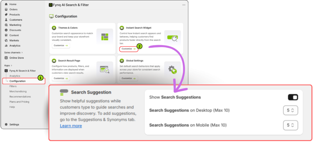 Where To Manage Search Suggestions in Fynq 