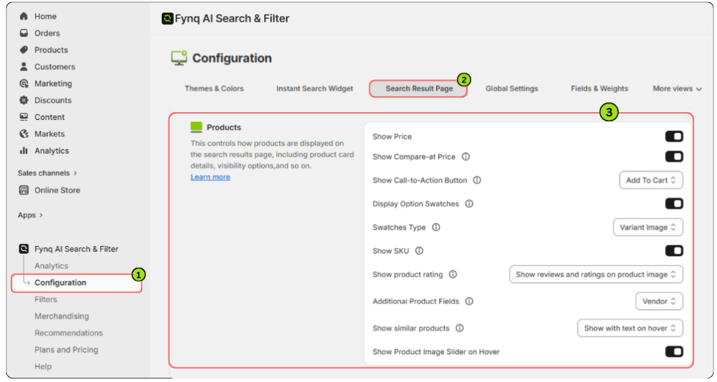 Where to find product card settings in Fynq