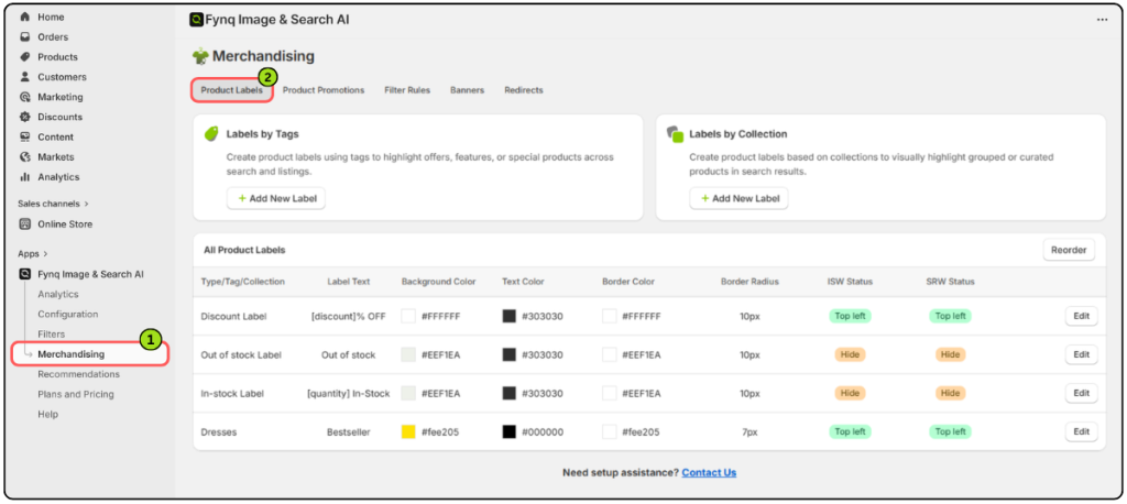 Where can you find Product labels in Fynq