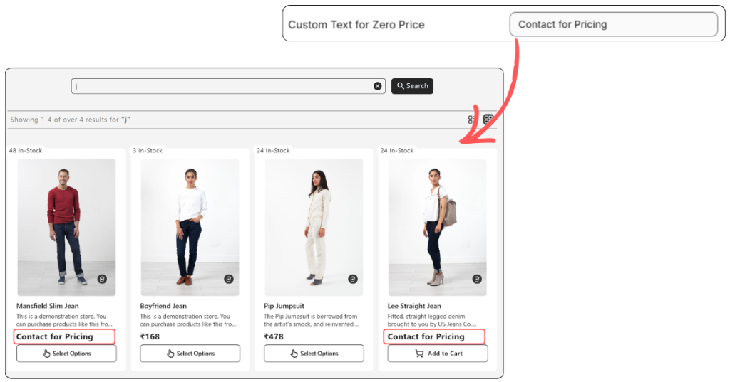 Custom Text for Zero Price for search result page