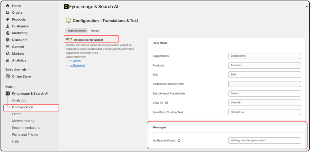 Where to Find the settings to Customize the ‘No Results’ Message in the Instant Search Widget